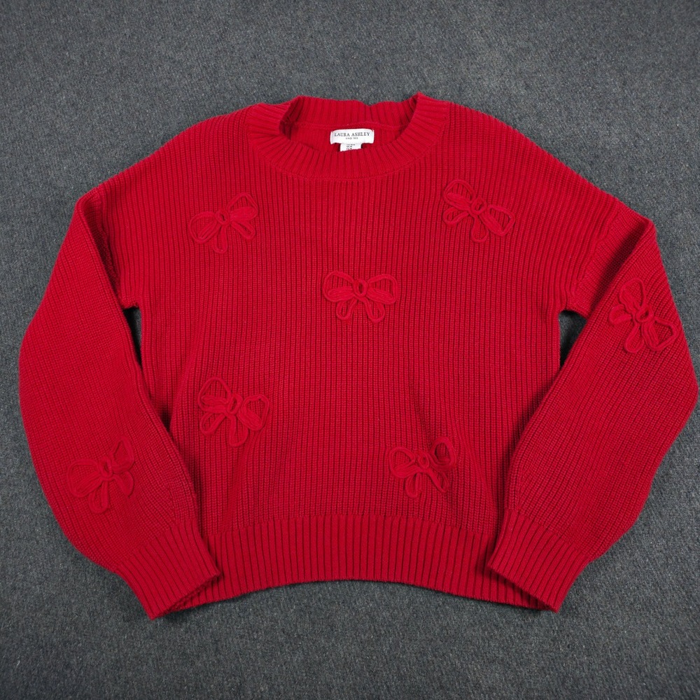 Laura Ashley Sweater Women Medium Red Bow Crew Neck Knit Coquette‎ Cottagecore